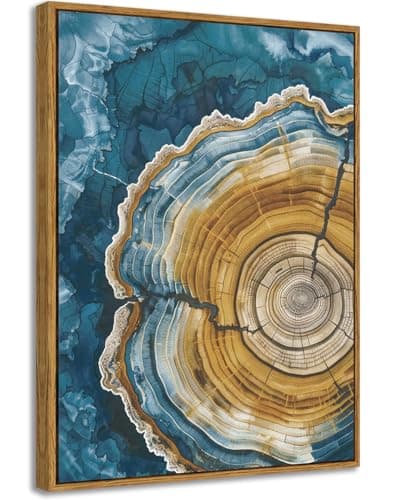Image of BingruiArt Framed Tree Ring Canvas Wall Art Abstract Wood Wall Decor Boho Modern Colorful Nature Painting Wood Stump Prints Pictures for Living Room Bedroom Bathroom Office 12"x16" Natural Framed(07)