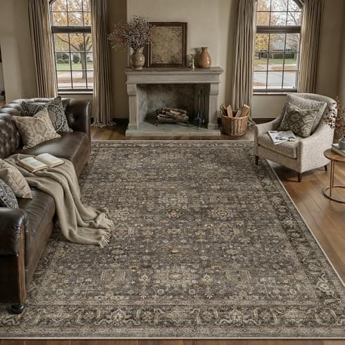Image of PureCozy Vintage Living Room Rug 200 x 300 cm Brown Washable Non Slip Lounge Area Rugs Bedroom Bedside Large Soft Low Pile Carpet Office Dining Rooms Hall Indoor Carpets
