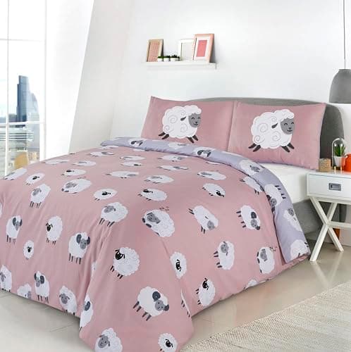 Image of CnA Stores - Dotty Sheep Double Duvet Cover Set Reversible Blush Pink Grey Bedding