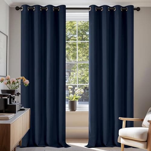Image of Deconovo Curtains 84 Inch Drop Super Soft Eyelet Curtains Thermal Insulated Noise Reducing Blackout Curtains for Bedroom Navy Blue 46 x 84 Inch 2 Panels