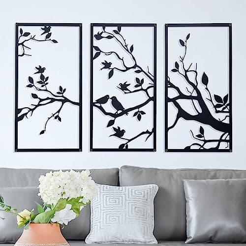 Image of DUOOLN 3 Pcs Birds On Branch Large Metal Wall Art Decor,Black Tree of Life Silhouette Sculpture,Leaves with Birds Metal Ornament Hanging Sign for Home Garden Office Living Room Indoor Outdoor