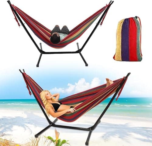 Image of Hammock with Stand for Outside,Stable Space Saving Metal Stand 2 Person 600lbs Weight Capacity Hammock with Carrying Bag for Indoor & Outdoor, Red