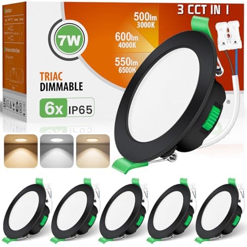 Image of ALUSSO Black LED Downlights Dimmable 7W IP65 Slim Recessed Ceiling Lights, 3CCT 3000K Warm 4000K Neutral 6500K Cool Adjustable Bathroom Spotlights, 6 Pack