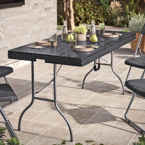 Image of URBN GARDEN 5ft Black Rattan Design Folding Table Outdoor Portable Carry Handle Garden Patio