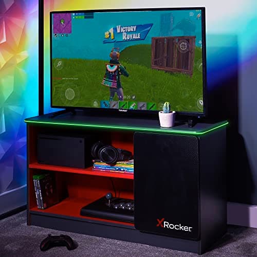 Image of X-Rocker Carbon-Tek 100cm Width, RGB LED TV Stand Media Centre - Neo Fibre Lighting, 2 Open Shelves, 2 Shelf Storage Cupboard, Durable Wooden Frame for Kids & Teens - Grey & Red