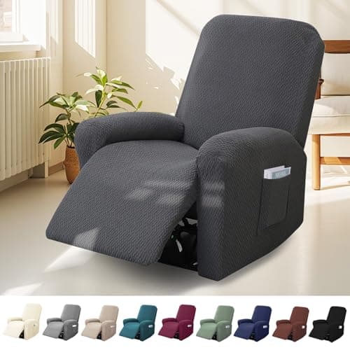 Image of Bocguy Stretch Recliner Chair Cover, 4-Pieces Recliner Armchair Covers for Living Room Reclining Chair Slipcover with Side Pocket, High Spandex Slipcover/Lounge Cover, Slip Resistant