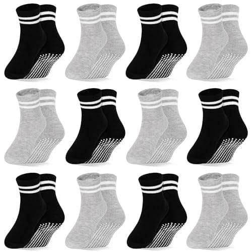 Image of GRPSKCOS Baby Toddler Non Slip Socks 12 Pairs Toddler Grip Socks Newborn Sock with Grip Anti Slip Crew Sock for Boys Girls(#4 Black+Light Grey 1-3 Years)