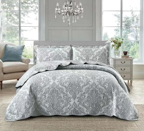 Image of Householdfurnishing 3 Piece Printed Patchwork Bedspread Quilted Bed Throw Comforter with Pillow Shams (Damask Grey, King)