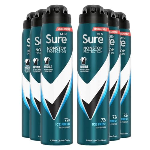 Image of Sure Antiperspirant 72H Nonstop Sweat and Odour Protection Alcohol-Free Body Spray Anti-White Marks with Fresh and Sporty Scent Multi Fragrance Deodorant for Men, 250ml (Invisible Ice Fresh, Buy 6)