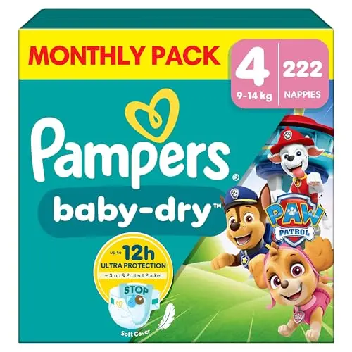 Image of Pampers Baby-Dry Paw Patrol Edition Size 4, 222 Nappies, 9kg-14kg, Monthly Pack, Up to a 100% Leak-Free & Comfortable Night