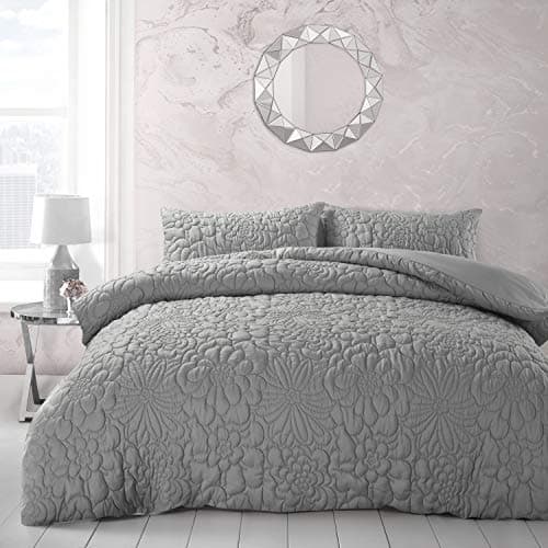 Image of Intimates Quilted Thermal Floral All over Embossed Pinsonic Duvet Cover with Pillowcase Bedding Set (Silver Grey, Double Bed)