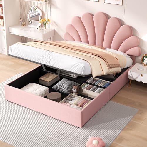 Image of Miyemo Double Bed Frame with Storage, 4ft6 Upholstered Ottoman Bed Frame with Adjustable Headboard & Hydraulic, No Box Spring Needed, Velvet, 135x190cm, Pink, (No Mattress)