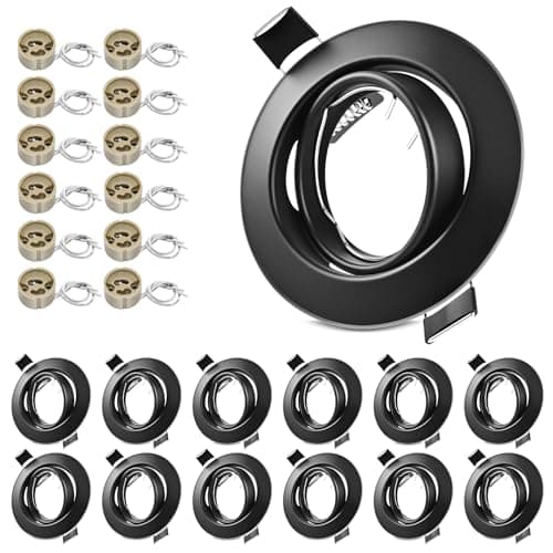 Image of LteelDay 12-Pack Matte Black Recessed Light Frames – Sleek Round Ceiling Mounting Kit for Spotlights, External Size 90mm, Cut-Out Hole 68-80mm, Metal Design (12 Frames + 12 GU10 Sockets)