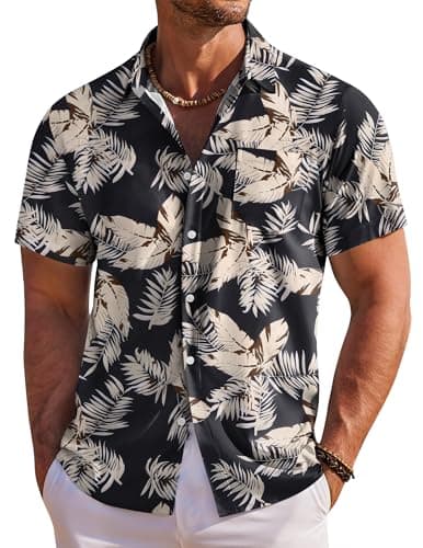 Image of COOFANDY Men's Hawaiian Shirts Short Sleeve Summer Shirts for Men Tropical Holiday Beach Shirt with Front Pocket Black Leaf S