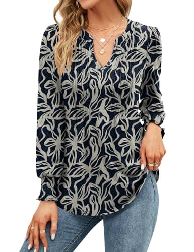 Image of EFFAN Ladies Tops Long Sleeve V Neck Elegant Floaty Floral Printed The Holiday Shirt Casual Xmas Floaty Tunic Blouse, Floral Navy M (UK 12-14)