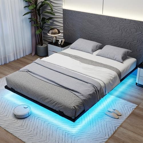 Image of COSTWAY Double/King Size Floating Bed Frame with LED Lights, 4FT6/5FT Metal Platform Beds, Steel Slat Support Bed Base Mattress Foundation, Noise Free, No Box Spring Needed (Black, Double-135x190cm)