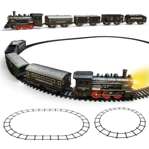 Image of Toyana Electric Train Set for Kids - 19 PCs Classic Railway Toy with Battery Operated Locomotive, Carriages, Tracks & Realistic Lights & Sounds, Railway Model Gift Set for Children 3+ Years