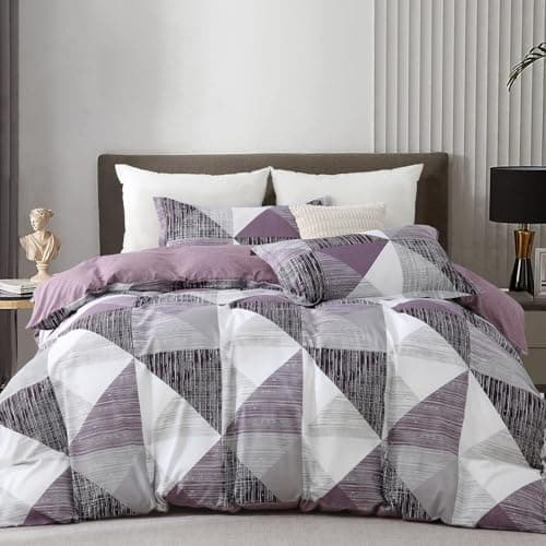 Image of WONGS BEDDING Duvet Cover Set King Size Geometry Beddding Set with pillowcases for Teens Adults Soft Microfiber Polyester Geometry Quilt Set, Purple, 220x230cm