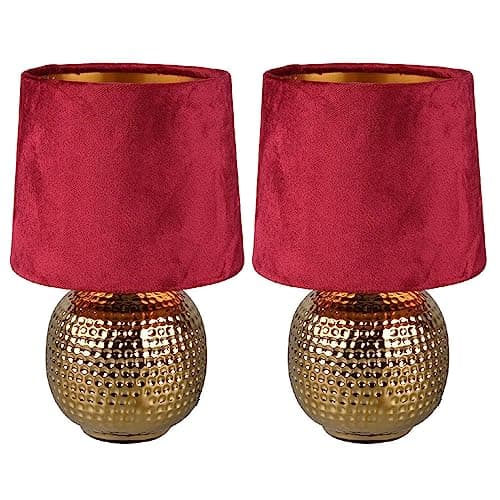 Image of Britalia 2 Pack - Gold Ceramic Vintage Hammered Globe Table Desk Lamp with Red Velvet Shade | 26cm Height | 1 x SES E14 Lamp Bulb Required | UK Approved | Retro Design | Tapered Drum Lampshade