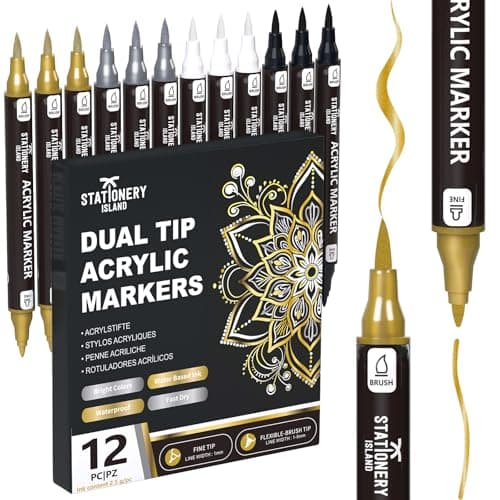 Image of STATIONERY ISLAND Acrylic Paint Pens 12 PCS – Metallic Gold Silver White Black, Dual Tip Fine & Brush Markers, Water Based for Rock Glass Ceramic Wood Metal DIY & Halloween Crafts