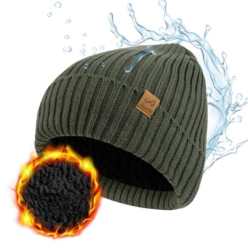 Image of ACUSHLA Waterproof Windproof Cuff Beanie Winter Hat Stretchy Soft Cuffed Wooly Beanie with Thermal Thick Fleece Lining, Gifts for Men/Women/Her/Him/Dad, Green