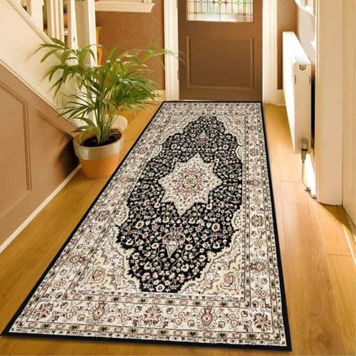 Image of PHP Roma Vintage Runner for Indoor - Super Soft Classical Floral Pattern Low Pile Large Non Slip Runners Rug for Living Room Bedroom Hallway Tv Lounge (80 X 300 cm, Black)
