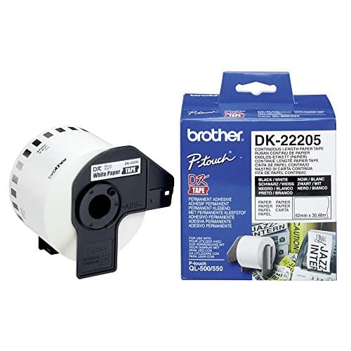 Image of Brother DK-22205 Label Roll, Continuous Length Paper, Black on White, Single Label Roll, 62mm (W) x 30.48M (L), Brother Genuine Supplies