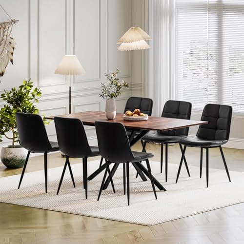 Image of Luxstein Extendable Dining Table and Chairs Set 6, 120-160cm Wood Grain Table with 6 Black Upholstered PU Leather Chairs for Dining Room, Kitchen