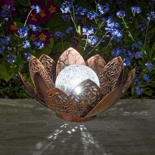Image of Garden Mile Large Colour Changing Solar Light - 27cm Weatherproof Lotus Solar Lantern with Bronze Silhouette Effect - Damasque Lantern with Colour Changing LED Lights for Garden Decorations Outdoor