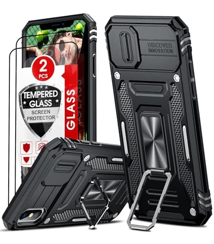 Image of LeYi iPhone XS/X Case with Camera Lens Cover Slider, 2 Screen Protectors, Ring Stand Military Shockproof Armour Phone Cover for iPhone X/XS, Black