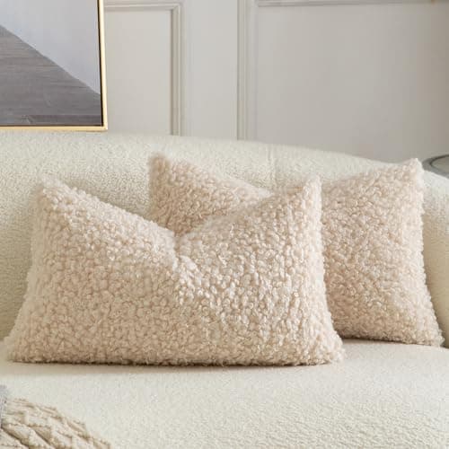 Image of YAERTUN Pack of 2 Faux Fur Cushion Covers Decorative Sherpa Boucle Throw Pillow Covers Fuzzy Soft Sheepskin Fleece Pillowcases for Couch Sofa Bed Living Room 12x20 Inch 30x50cm Beige