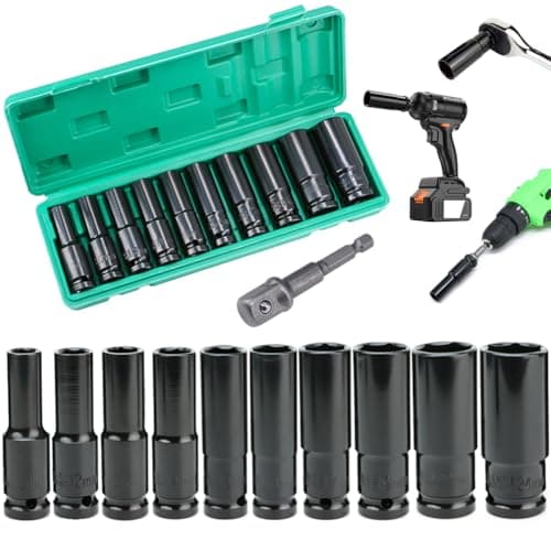 Image of HASERY Deep Socket Set 1/2 inch 10 to 24mm, Extra Long Reach, 11 pcs Impact Driver Hex Bit Sockets, with 1/4 Hex Shank Adapter, Car Large Torque Wrench for Drill, Ratchet, Heavy Duty Spanner Tool
