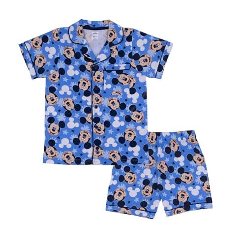 Image of Disney Mickey Mouse, 100% Cotton Button Up Short Sleeved Pyjama Set, Blue, 7-8 Years: 128cm