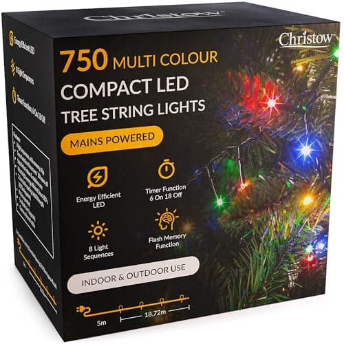 Image of CHRISTOW 6ft Christmas Tree Lights, 750 Multi-Coloured LED Fairy Lights with Timer, 8 Light Modes, Energy Efficient 3mm LEDs, Indoor & Outdoor, Mains Powered, Green Cable (18.72m Lit Length)