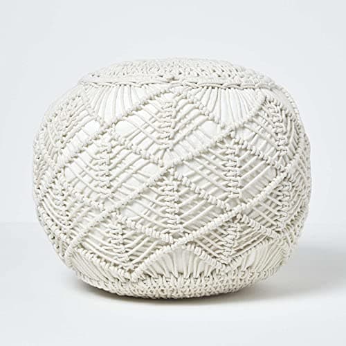 Image of HOMESCAPES 35 cm Tall Natural Macrame Knitted Pouffe Been Filled Crochet Round Footstool 100% Cotton Braided Design 35 x 40 cm