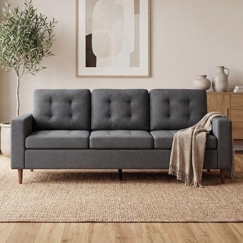 Image of GRAVFORCE 3 Seater Sofas Comfortable 238cm Loveseat Sofa with Solid Wood Leg Deep Seat Sofa Couch for Living Room Bedroom Guest Room Self Assembly Linen Dark Grey
