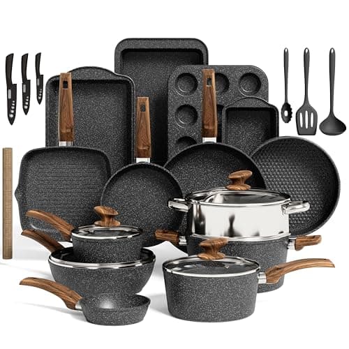 Image of Kitchen Academy Bakeware and Cookware Set - 30 Piece Induction Hob Pans and Pots Set Non Stick, Black Granite Cooking Saucepan Set PFOA & PFOS Free