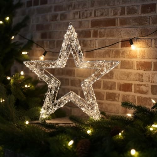 Image of Mr Crimbo 50cm 3D Light Up Christmas Star – Warm White LED Decoration with 300 Copper Wire Lights & Beaded Detail, Indoor/Outdoor Hanging Ornament with Timer Function