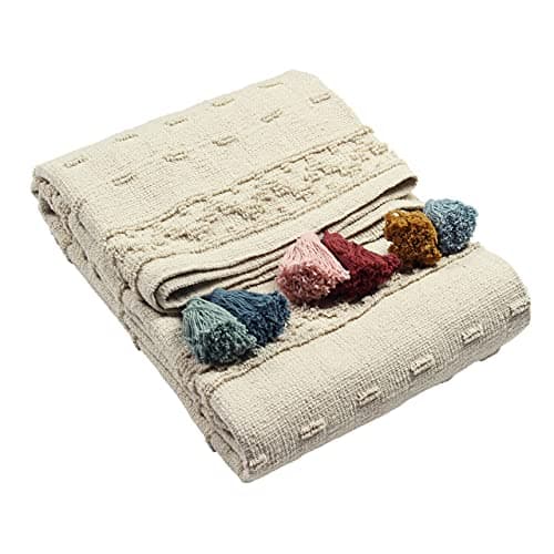 Image of furn. Boho Cotton Tufted Throw – Geometric Pom-Pom Tassel Accent (Multicolour – 130x180cm)