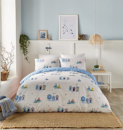 Image of Fusion - Nautical Blue Duvet Cover - Double Bedding Size (200 x 200cm) - Reversible (2 Designs) - Seaside/Sailing Boats Duvet Cover - Blue & White Bedding with Coastal Theme - Beach Huts Bed Set