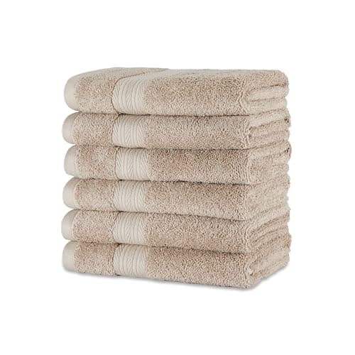 Image of Amazon Basics Towel Set, Fade Resistant 100% Organic Cotton, soft and absorbent Hand Towels for Bathroom, 41 x 66 cm, Taupe, 6-Pack