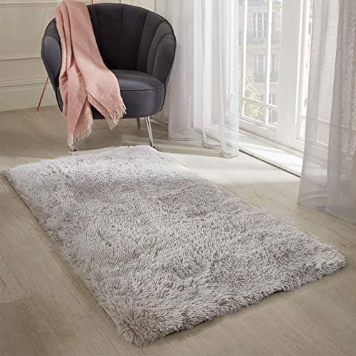 Image of Sienna Small Rug for Bedroom, Silver Grey Fluffy Shaggy Rugs for Living Room Thick Pile Non-Shedding Bedside Rugs Super Soft Anti-Slip Floor Carpet, 80 x 150cm