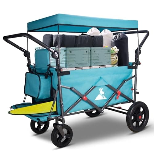 Image of TOPWELL Folding Handcart Trolley, Folding Camping Wagon with Canopy & 2 Folable Seats, Collapsible Beach Cart Foldable for Outdoor Garden Picnic Shopping 265LBS Capacity (Turquoise/Grey)