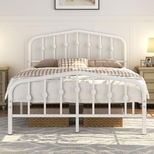 Image of Yaheetech 4ft6 Double Bed Frames Slatted Metal Bed with Crown-inspired Design Headboard/Spacious Under-bed Storage White