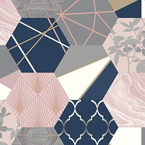 Image of Patchwork Geo Hexagon Wallpaper Navy/Pink Rasch 215908