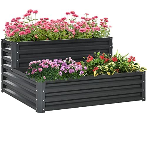 Image of Outsunny 2 Tier Galvanised Raised Garden Bed Planter Box Open Bottom Dark Grey