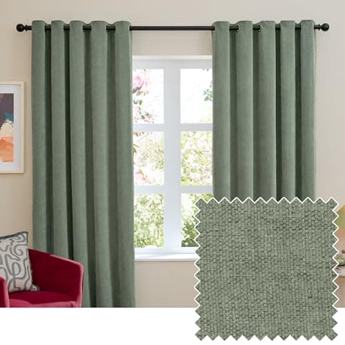 Image of furn. Soft Chenille Blackout Eyelet Curtain Pair – Soft Touch Matt Textured Lined Minimalist Curtains (Green - 117x183cm)