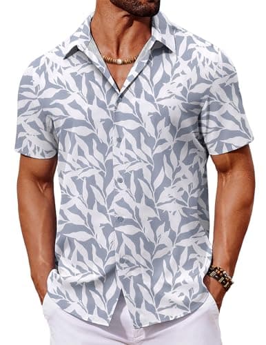 Image of COOFANDY Hawaiian Shirts for Men Short Sleeve Summer Shirt Lightweight Palm Tree Shirts Button Down Holiday Shirt for Party Blue & White Palm Leaves XXL
