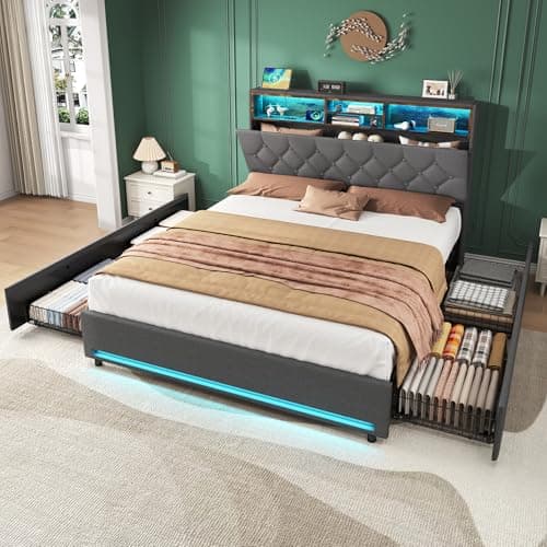 Image of BTM Double Bed with 4 Storage Drawers, Concealed Headboard Storage, Button Tufted Headboard with RGB LED Lighting and Charging Station, Linen Upholstered Double Bed 135x190cm, Grey (No Mattress)