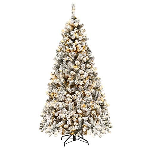 Image of COSTWAY 4.5FT/6FT Flocked Christmas Tree, Pre-Lit Artificial Decoration Tree with 295/600 PVC Branch Tips and 150/250 LED Lights, Hinged Holiday Celebration Tree for Home, School and Carnival (6FT)
